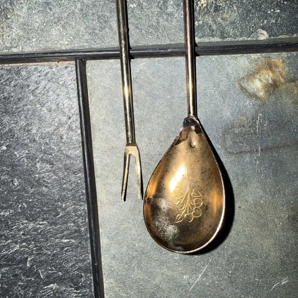 Long Gold Tone Cocktail Spoon & Fork Set Pearl End